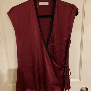 Bailey 44 Burgundy Wrap-Style Satin Top with Black Lace Trim